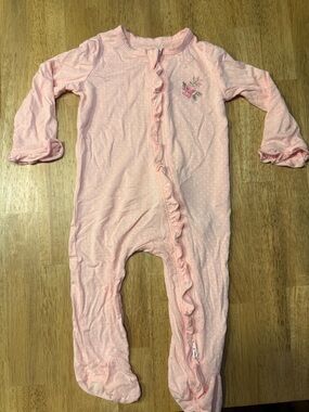 Little Me: Pink Ruffled Footed One-Piece for Baby - Floral Detail